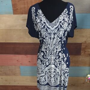 MNM Fashion Dark Blue and Light Beige Patterned Dress